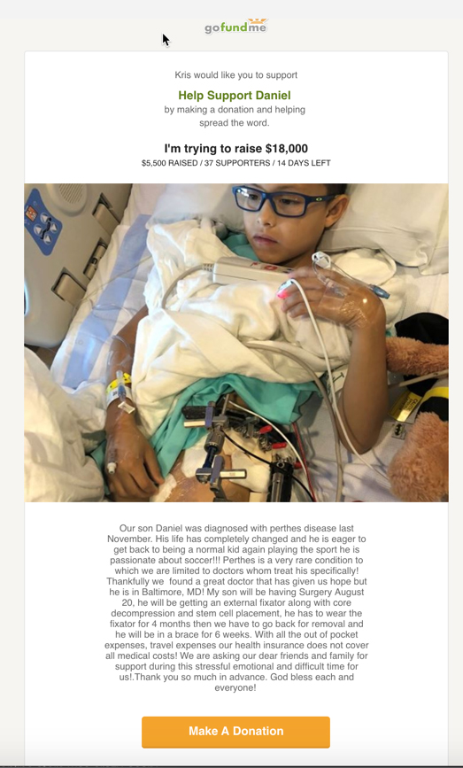 Spear Phishing email attack with a photo of a sick child in a hospital bed, with GoFundMe branding